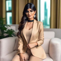 A tasteful and elegant portrait of Mia Khalifa in a stylish and fashionable outfit that accentuates her beauty