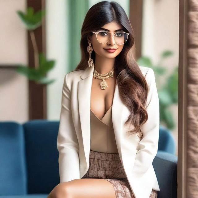 A tasteful and elegant portrait of Mia Khalifa in a stylish and fashionable outfit that accentuates her beauty