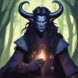 A detailed illustration of a cleric tiefling with dark long hair