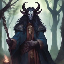 A detailed illustration of a cleric tiefling with dark long hair