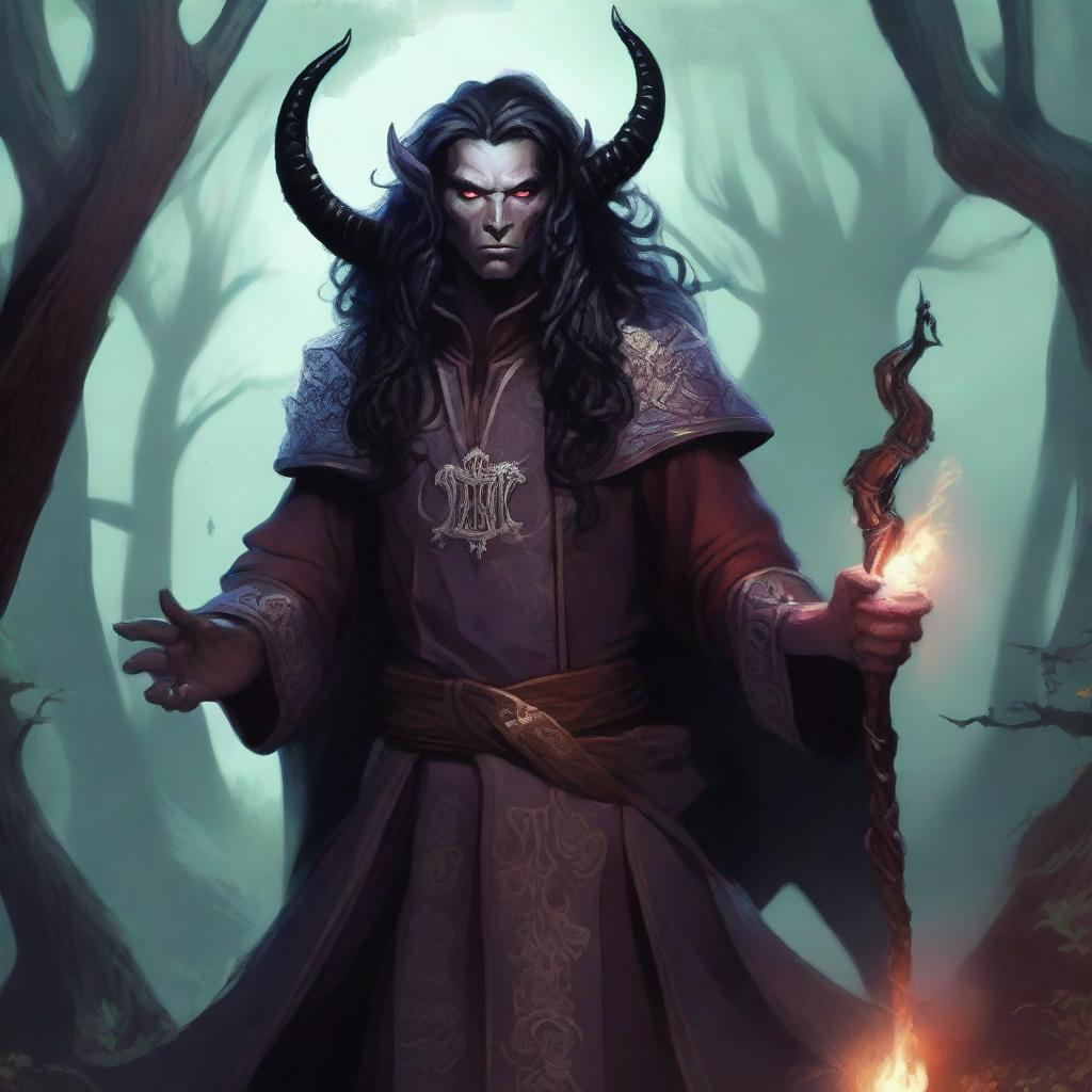 A detailed illustration of a cleric tiefling with dark long hair