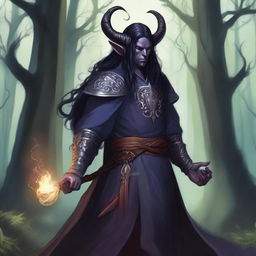 A detailed illustration of a cleric tiefling with dark long hair