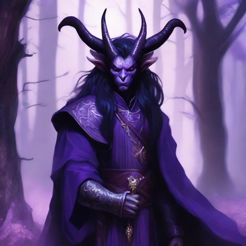 A detailed illustration of a cleric tiefling with dark long hair and purple skin