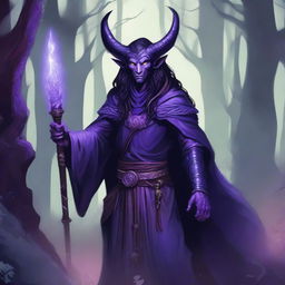 A detailed illustration of a cleric tiefling with dark long hair and purple skin