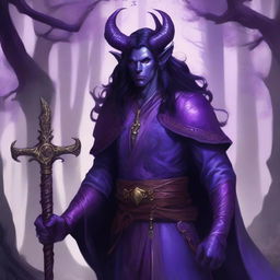 A detailed illustration of a cleric tiefling with dark long hair and purple skin