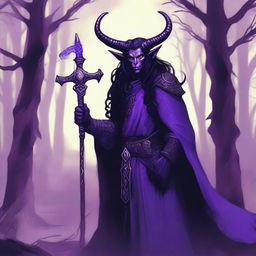 A detailed illustration of a cleric tiefling with dark long hair and purple skin