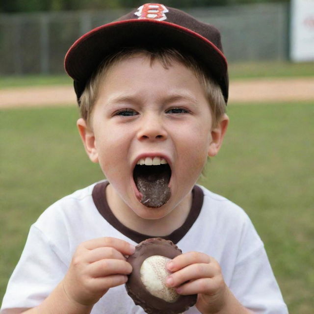 A playful child engaged in a game of baseball, with a piece of chocolate cheerfully held in their mouth