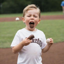 A playful child engaged in a game of baseball, with a piece of chocolate cheerfully held in their mouth