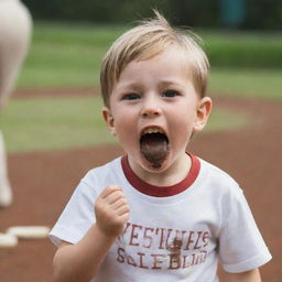 A playful child engaged in a game of baseball, with a piece of chocolate cheerfully held in their mouth