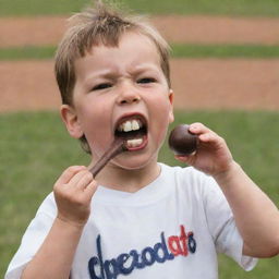 A playful child engaged in a game of baseball, with a piece of chocolate cheerfully held in their mouth