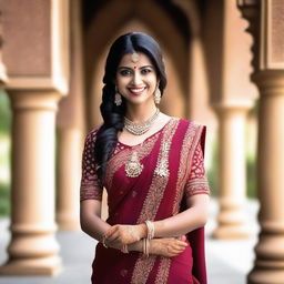 A beautiful Indian married woman dressed in traditional attire, such as a saree, with intricate jewelry and henna on her hands