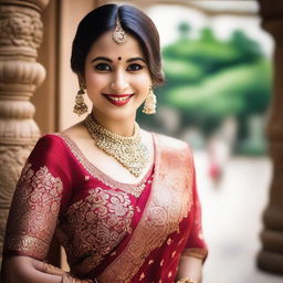 A beautiful Indian married woman dressed in traditional attire, such as a saree, with intricate jewelry and henna on her hands