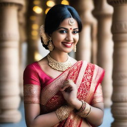 A beautiful Indian married woman dressed in traditional attire, such as a saree, with intricate jewelry and henna on her hands