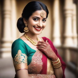 A beautiful Indian married woman dressed in traditional attire, such as a saree, with intricate jewelry and henna on her hands