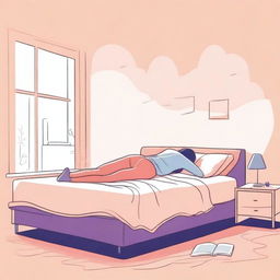 An imaginative illustration of a person sleeping in a running pose on a bed