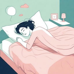 An imaginative illustration of a person sleeping in a running pose on a bed