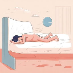 An imaginative illustration of a person sleeping in a running pose on a bed