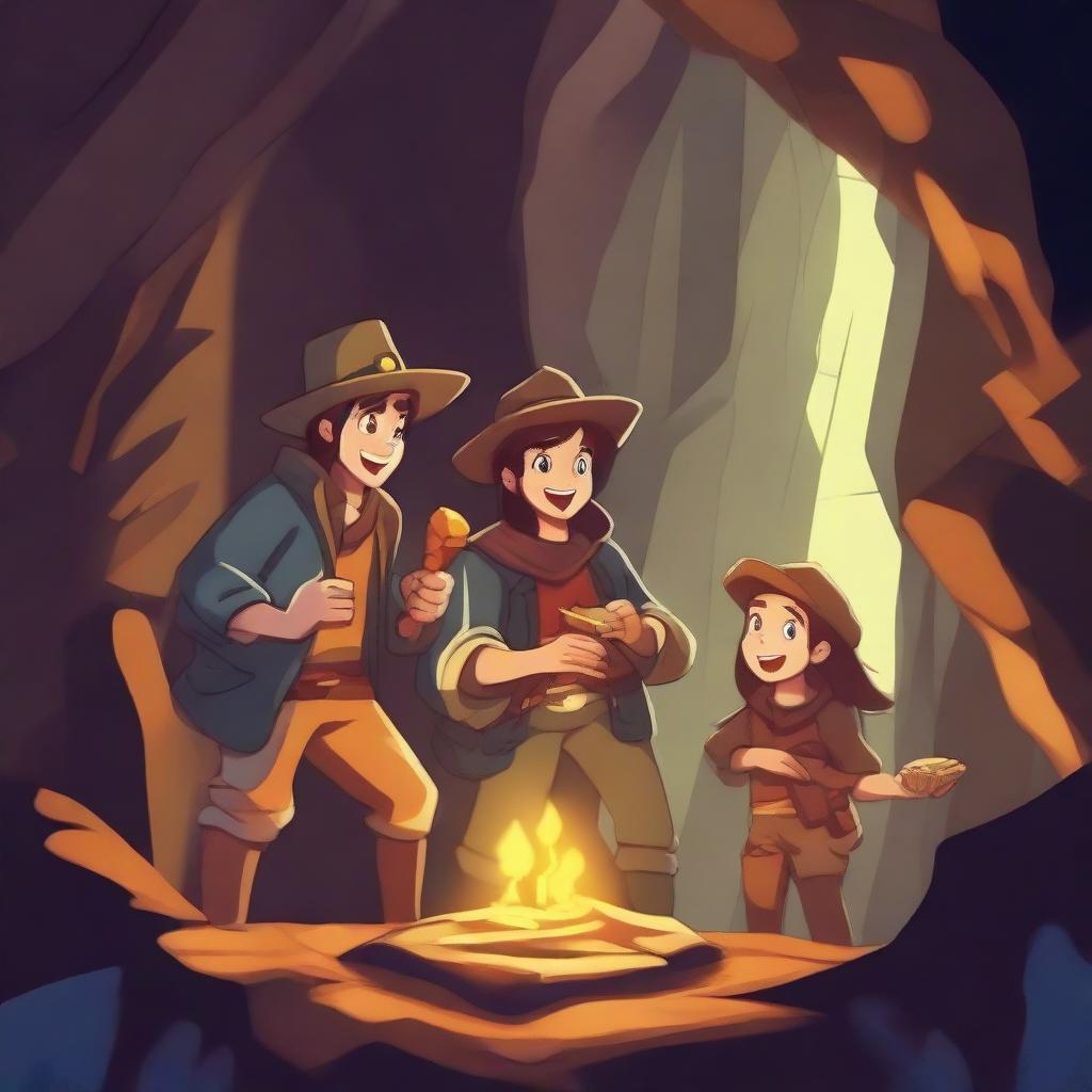 A group of adventurers on a treasure hunt, discovering a hidden stash of gold coins and jewels in a mysterious cave