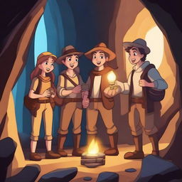 A group of adventurers on a treasure hunt, discovering a hidden stash of gold coins and jewels in a mysterious cave