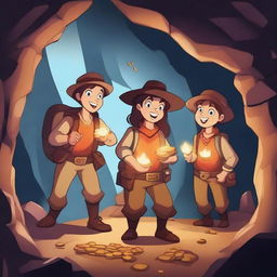 A group of adventurers on a treasure hunt, discovering a hidden stash of gold coins and jewels in a mysterious cave