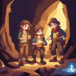 A group of adventurers on a treasure hunt, discovering a hidden stash of gold coins and jewels in a mysterious cave