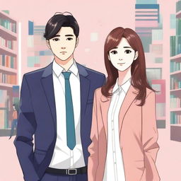 Create a book cover inspired by a K-drama poster, featuring a CEO and an employee couple