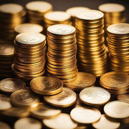 A close-up image of a pile of gold coins and bars, glistening under a soft light