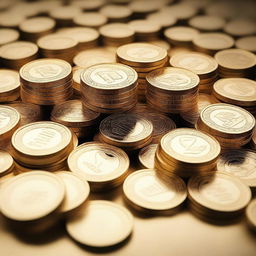 A close-up image of a pile of gold coins and bars, glistening under a soft light