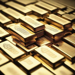 A close-up image of a pile of gold coins and bars, glistening under a soft light