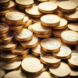 A close-up image of a pile of gold coins and bars, glistening under a soft light