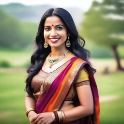 A beautiful 30-year-old Indian woman with traditional attire, featuring a colorful sari and elegant jewelry