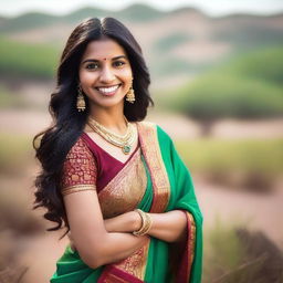 A beautiful 30-year-old Indian woman with traditional attire, featuring a colorful sari and elegant jewelry