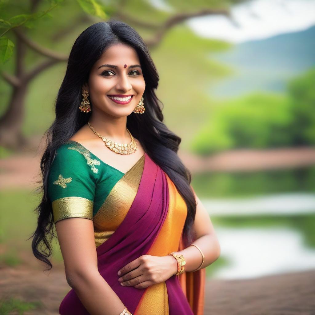 A beautiful 30-year-old Indian woman with traditional attire, featuring a colorful sari and elegant jewelry