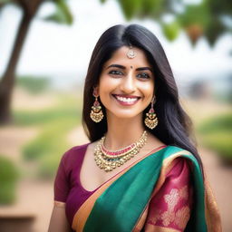 A beautiful 30-year-old Indian woman with traditional attire, featuring a colorful sari and elegant jewelry