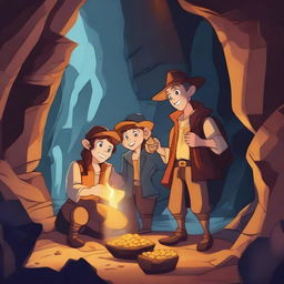 A group of adventurers on a treasure hunt, discovering a hidden stash of gold coins and jewels in a mysterious cave