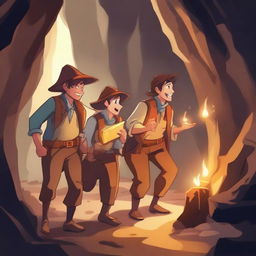 A group of adventurers on a treasure hunt, discovering a hidden stash of gold coins and jewels in a mysterious cave