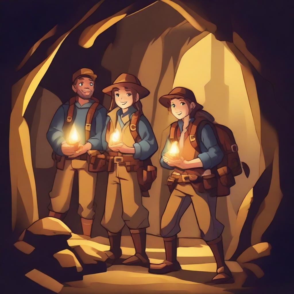 A group of adventurers on a treasure hunt, discovering a hidden stash of gold coins and jewels in a mysterious cave