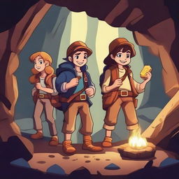 A group of adventurers on a treasure hunt, discovering a hidden stash of gold coins and jewels in a mysterious cave