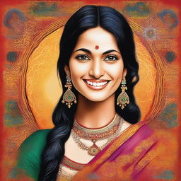 A 30-year-old Indian woman with traditional attire, featuring vibrant colors and intricate patterns