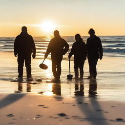 A group of treasure hunters using metal detectors on a sandy beach