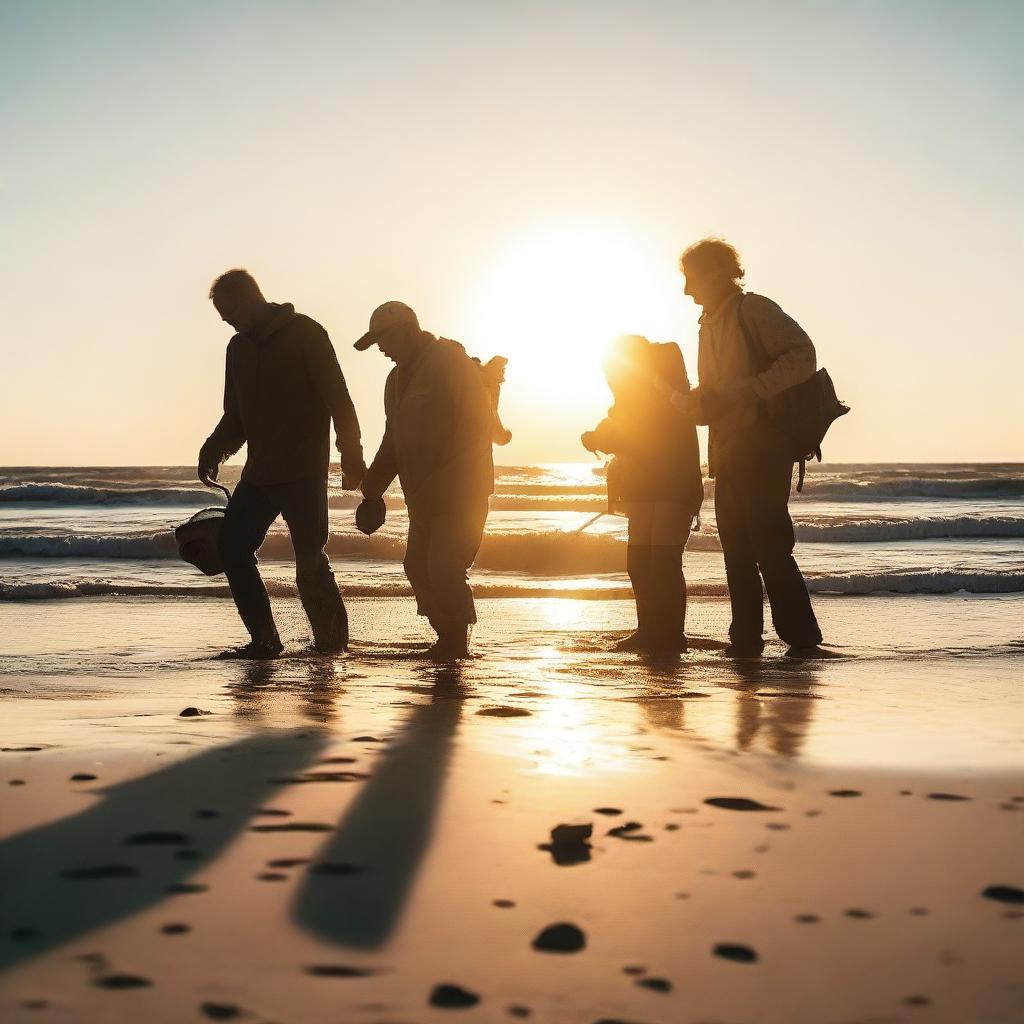 A group of treasure hunters using metal detectors on a sandy beach