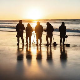 A group of treasure hunters using metal detectors on a sandy beach