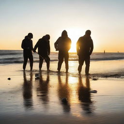 A group of treasure hunters using metal detectors on a sandy beach