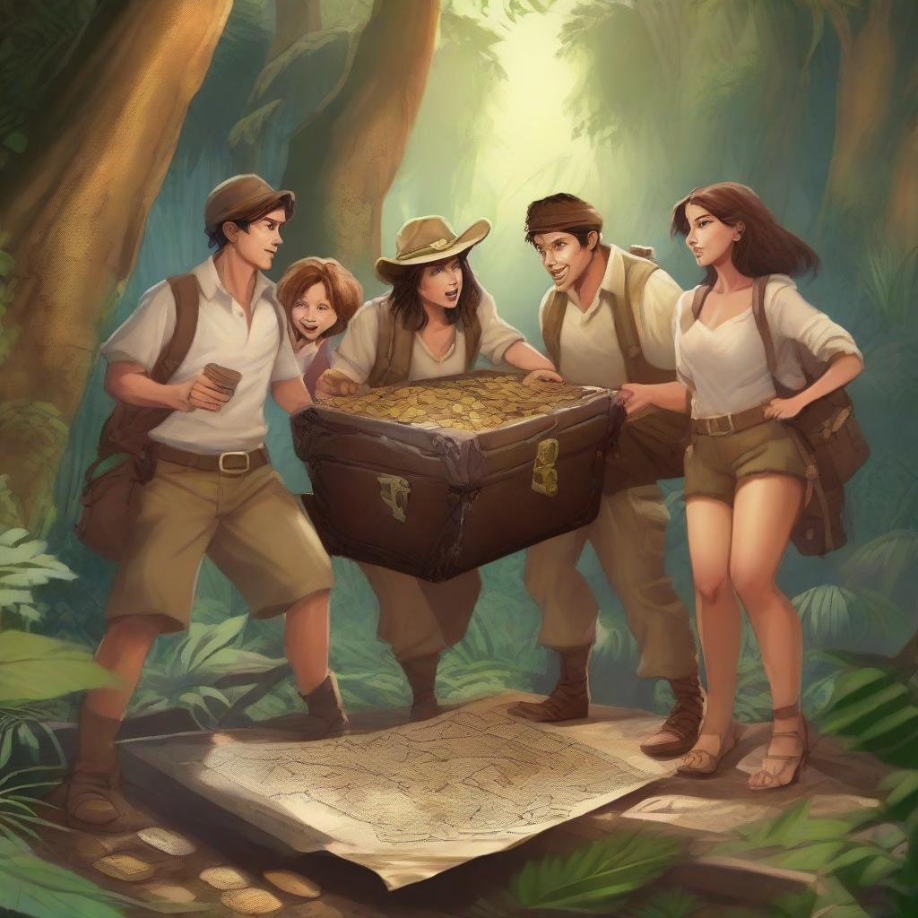 A group of adventurers on a treasure hunt in a dense jungle