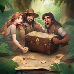 A group of adventurers on a treasure hunt in a dense jungle