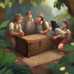 A group of adventurers on a treasure hunt in a dense jungle