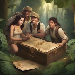 A group of adventurers on a treasure hunt in a dense jungle