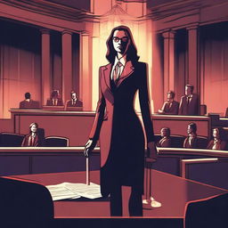 A female lawyer standing confidently between two contrasting worlds