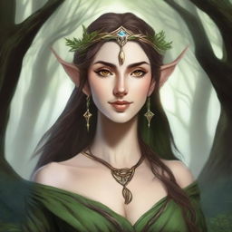 Create a beautiful elven woman who was once an actress and is now a druid, suitable for a character in a Dungeons & Dragons game