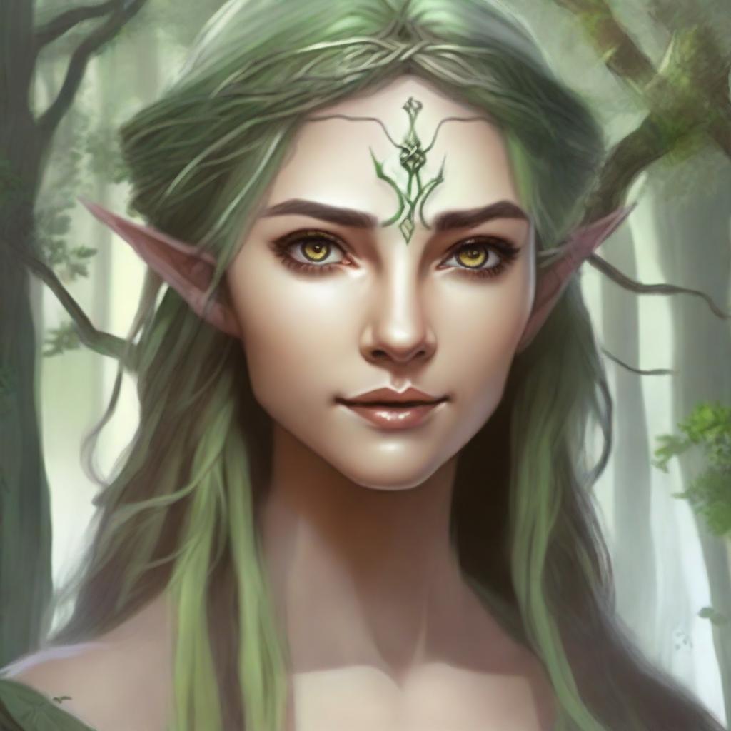 Create a beautiful elven woman who was once an actress and is now a druid, suitable for a character in a Dungeons & Dragons game